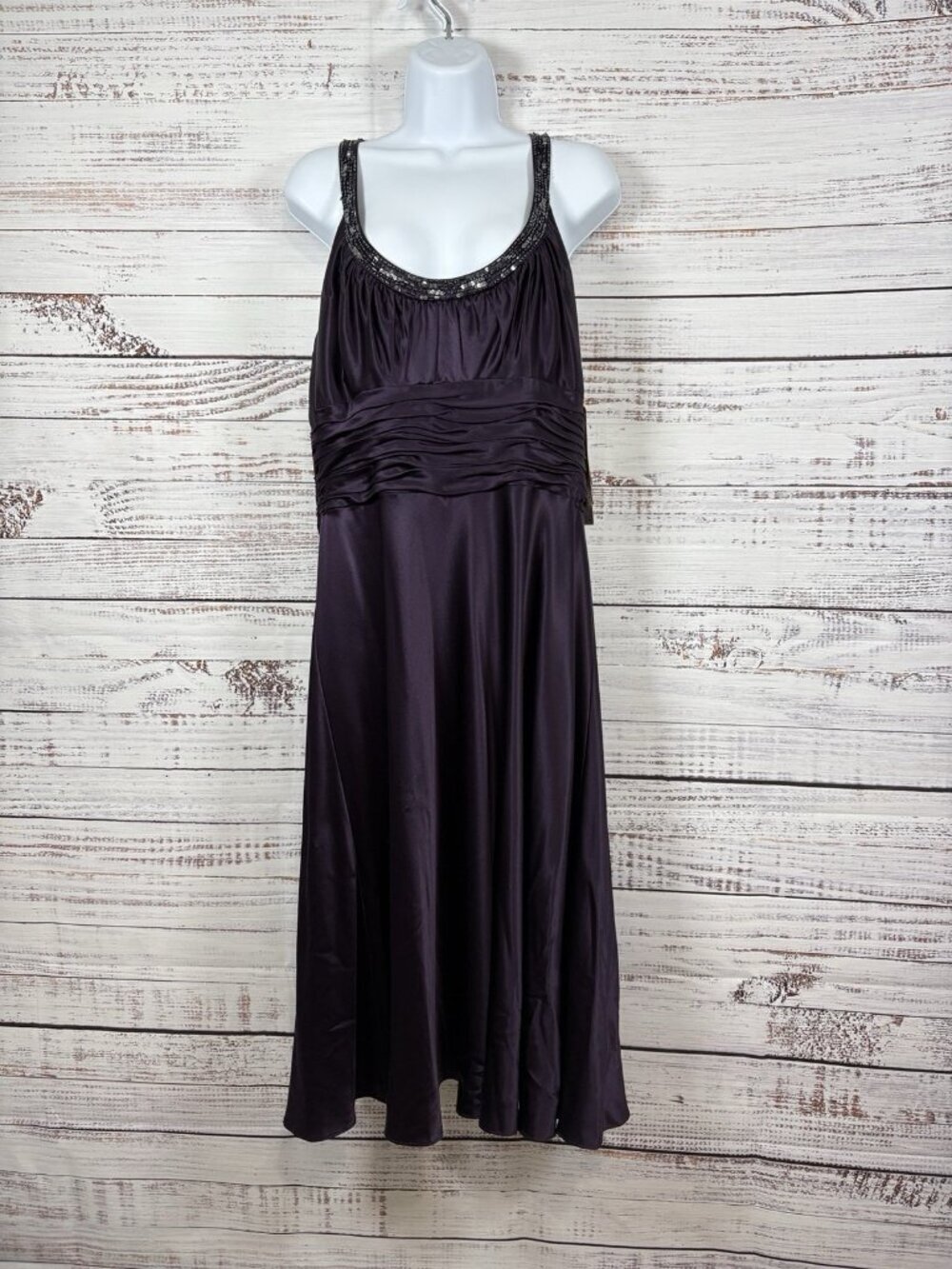 Ann Klein Purple Silk Beaded Neck Sleeveless Midi Formal Dress